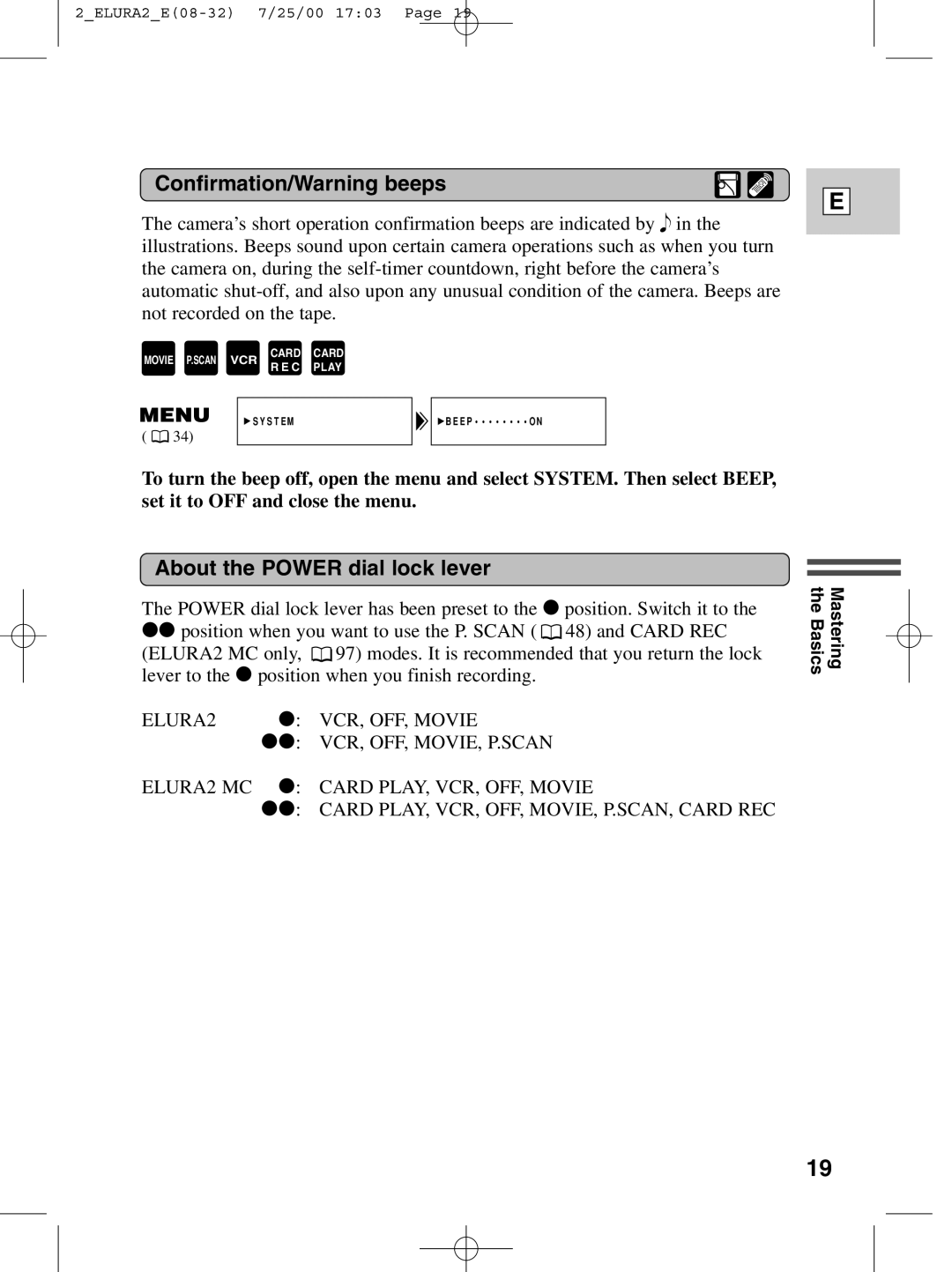 Canon 2 MC instruction manual Confirmation/Warning beeps, About the Power dial lock lever 