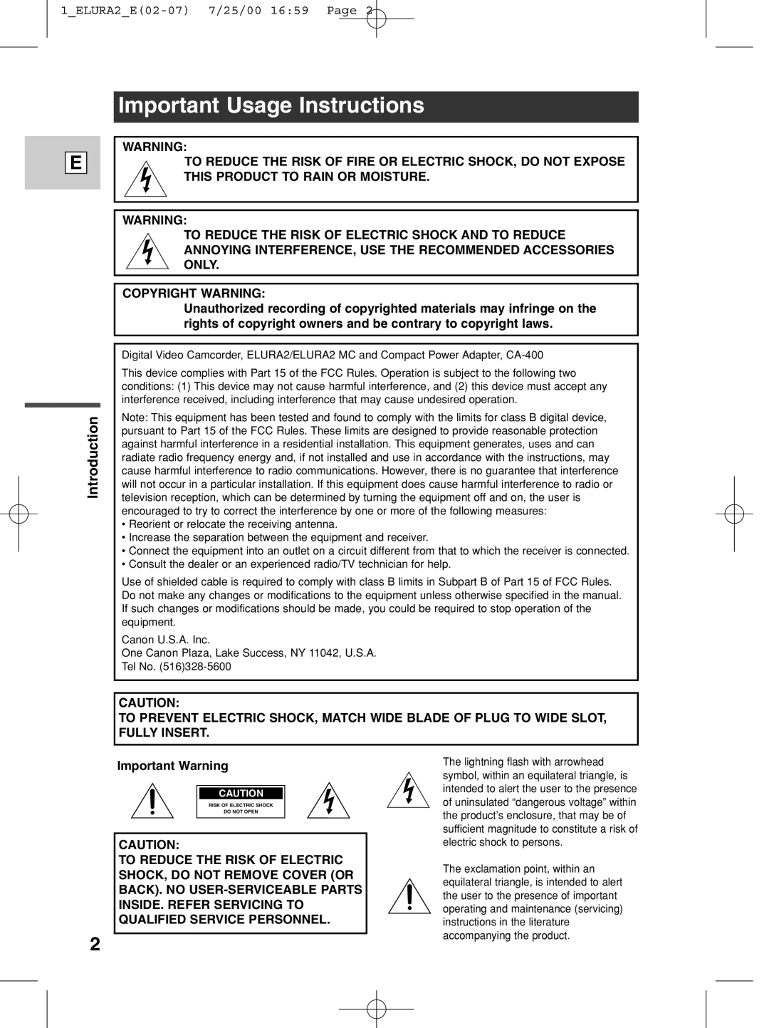 Canon 2 MC instruction manual Important Usage Instructions 