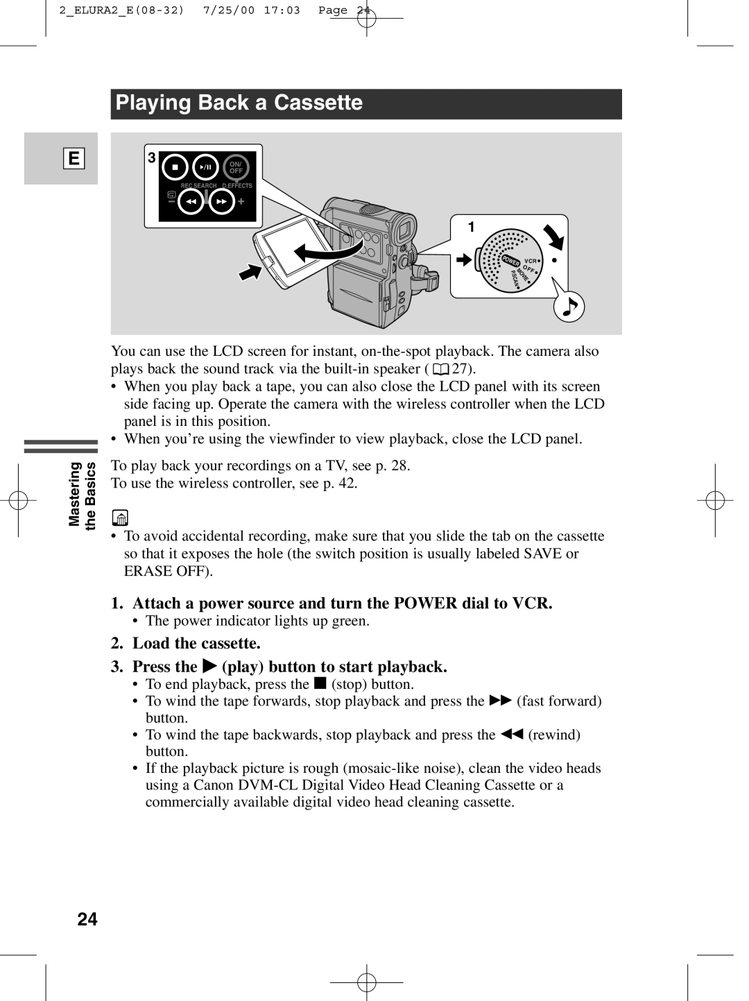 Canon 2 MC instruction manual Playing Back a Cassette, Attach a power source and turn the Power dial to VCR 