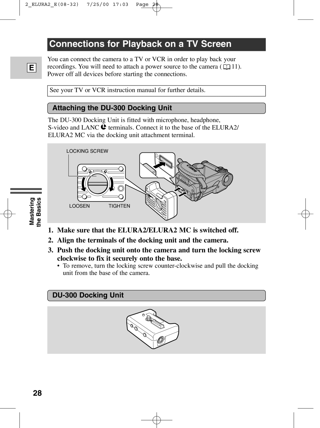 Canon 2 MC instruction manual Connections for Playback on a TV Screen, Attaching the DU-300 Docking Unit 