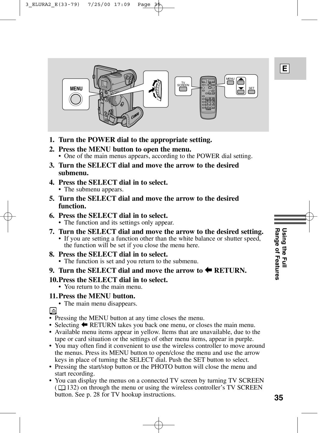 Canon 2 MC instruction manual Press the Select dial in to select, Press the Menu button 