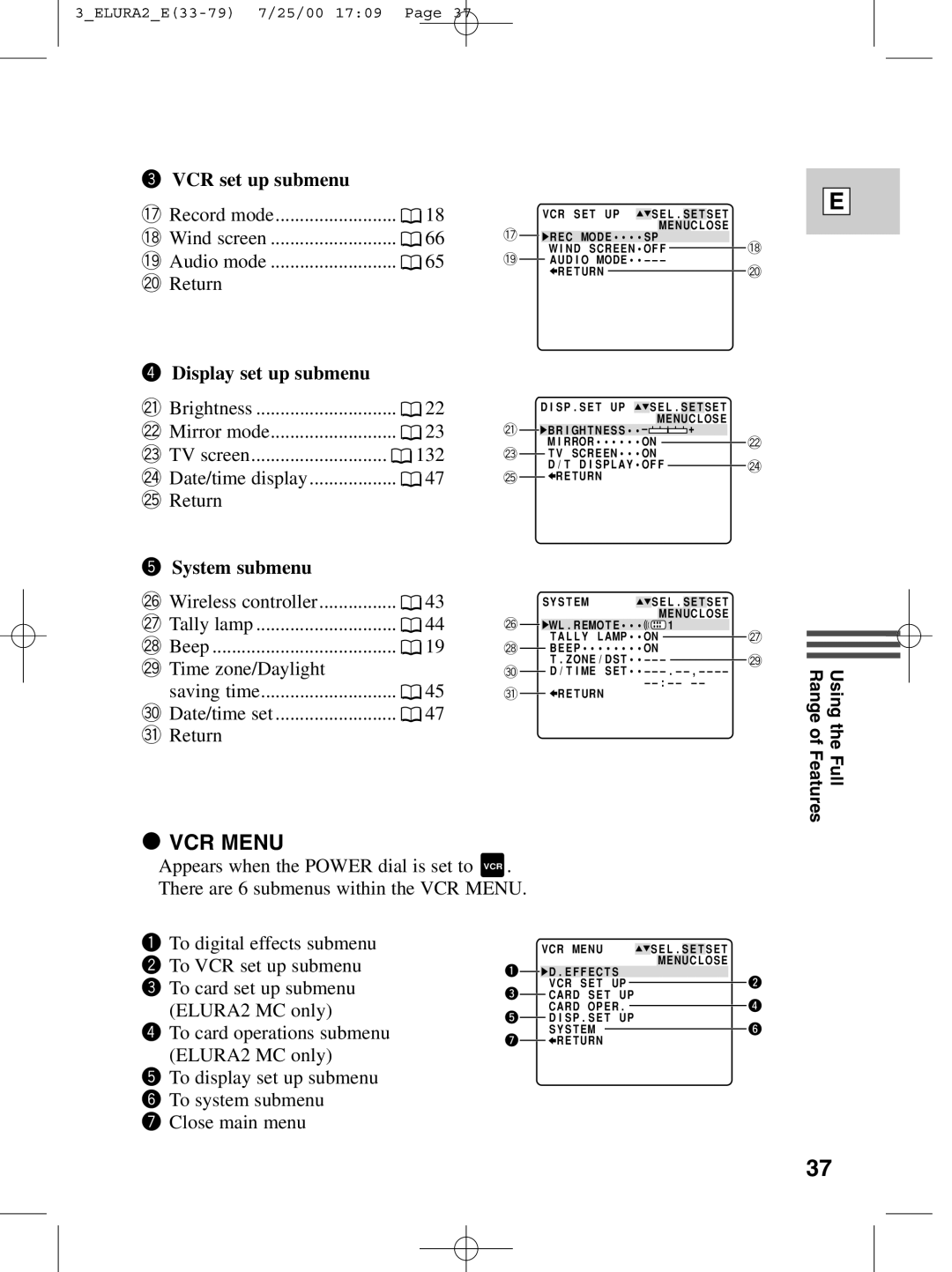 Canon 2 MC instruction manual VCR set up submenu, Display set up submenu, System submenu 