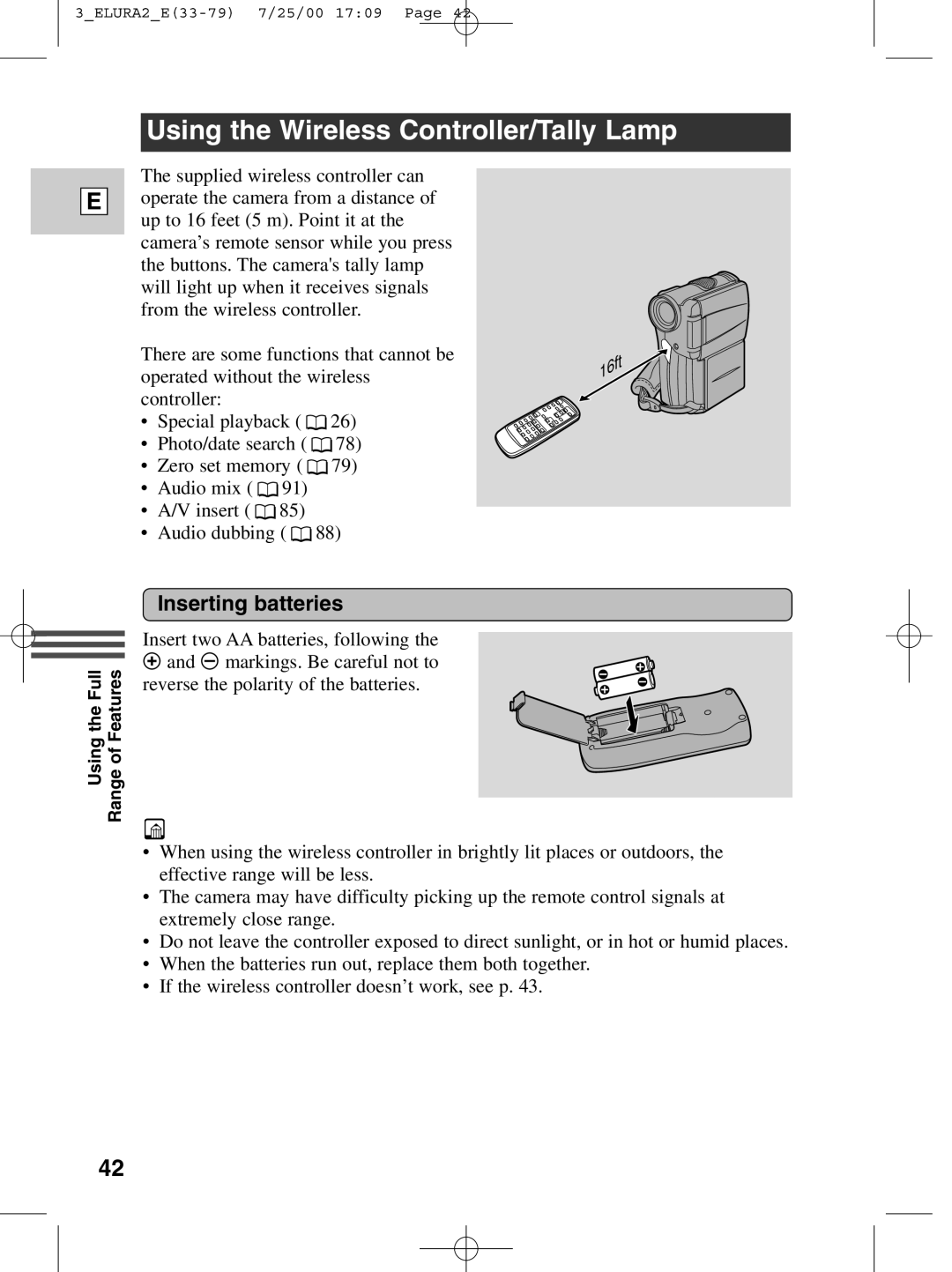 Canon 2 MC instruction manual Using the Wireless Controller/Tally Lamp, Inserting batteries 