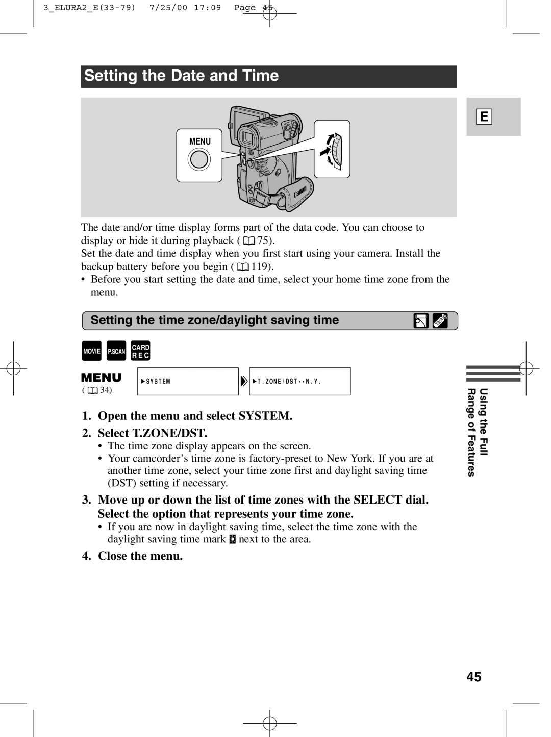 Canon 2 MC instruction manual Setting the Date and Time, Setting the time zone/daylight saving time, Close the menu 