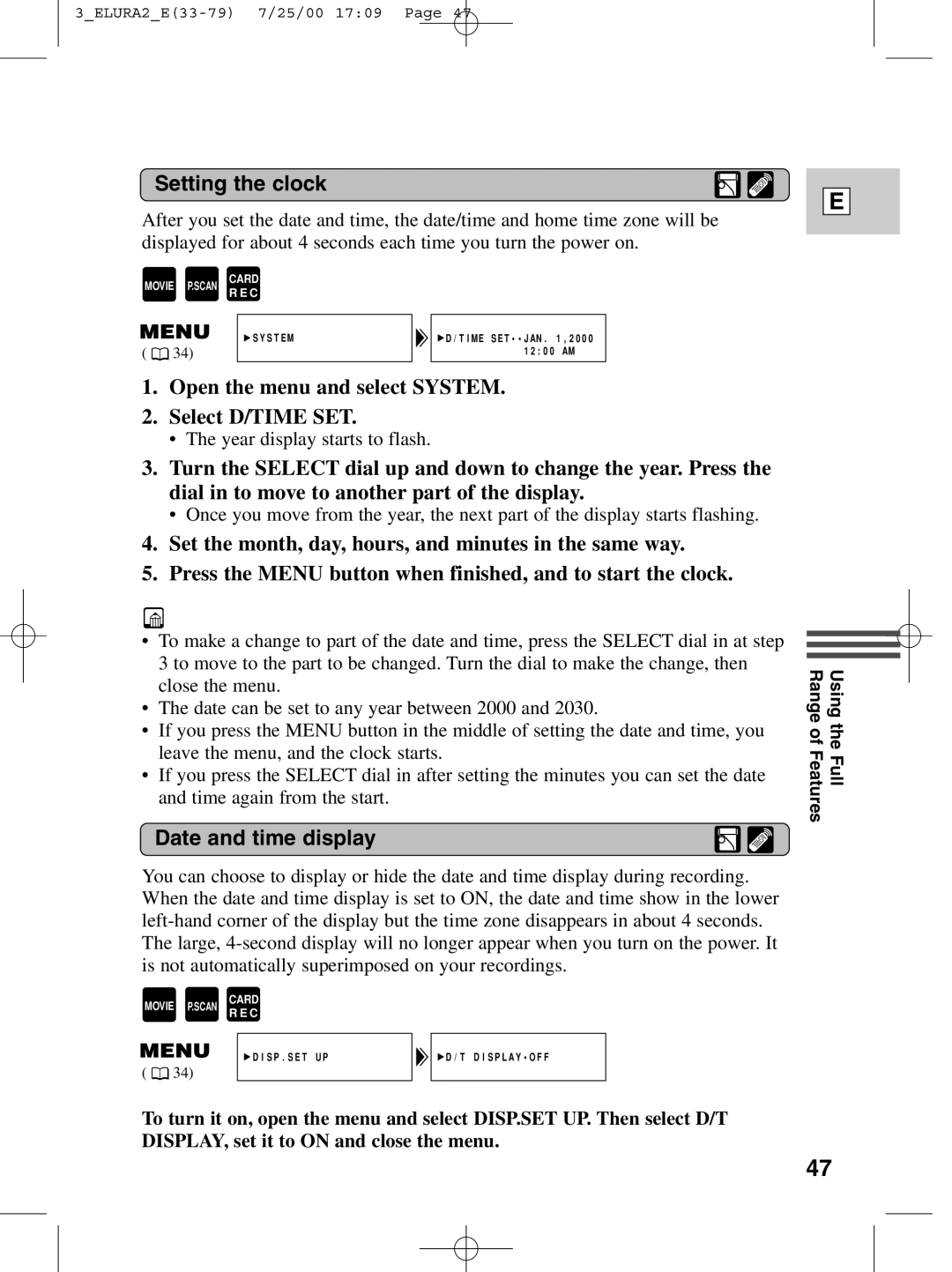 Canon 2 MC instruction manual Setting the clock, Open the menu and select System Select D/TIME SET, Date and time display 