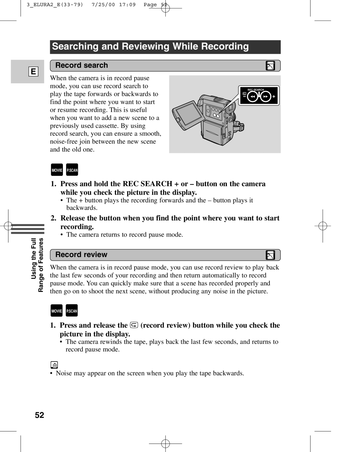 Canon 2 MC instruction manual Searching and Reviewing While Recording, Record search, Record review 