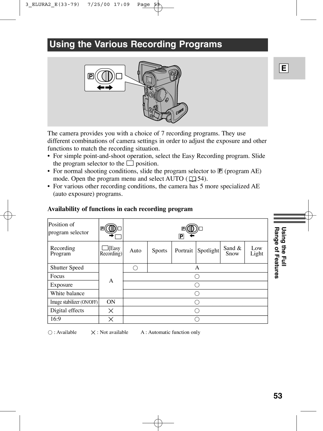 Canon 2 MC instruction manual Using the Various Recording Programs, Availability of functions in each recording program 