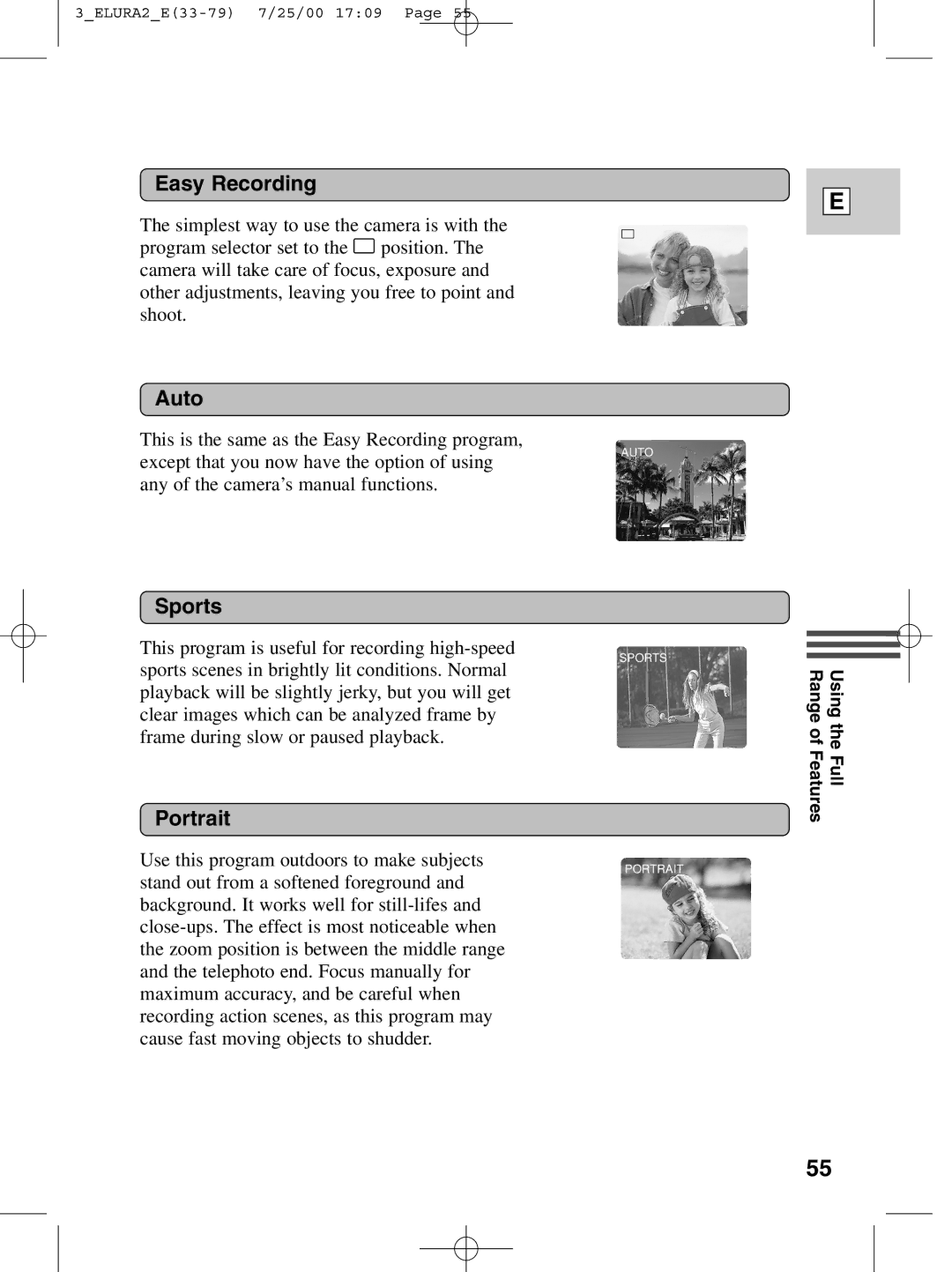 Canon 2 MC instruction manual Easy Recording, Auto, Sports, Portrait 