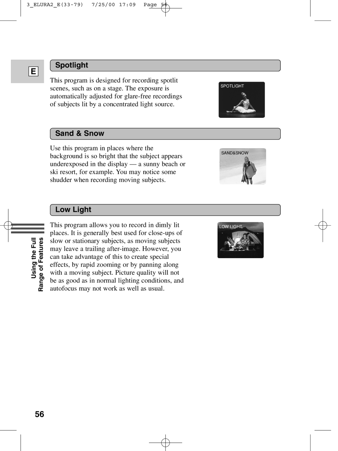 Canon 2 MC instruction manual Spotlight, Sand & Snow, Low Light 