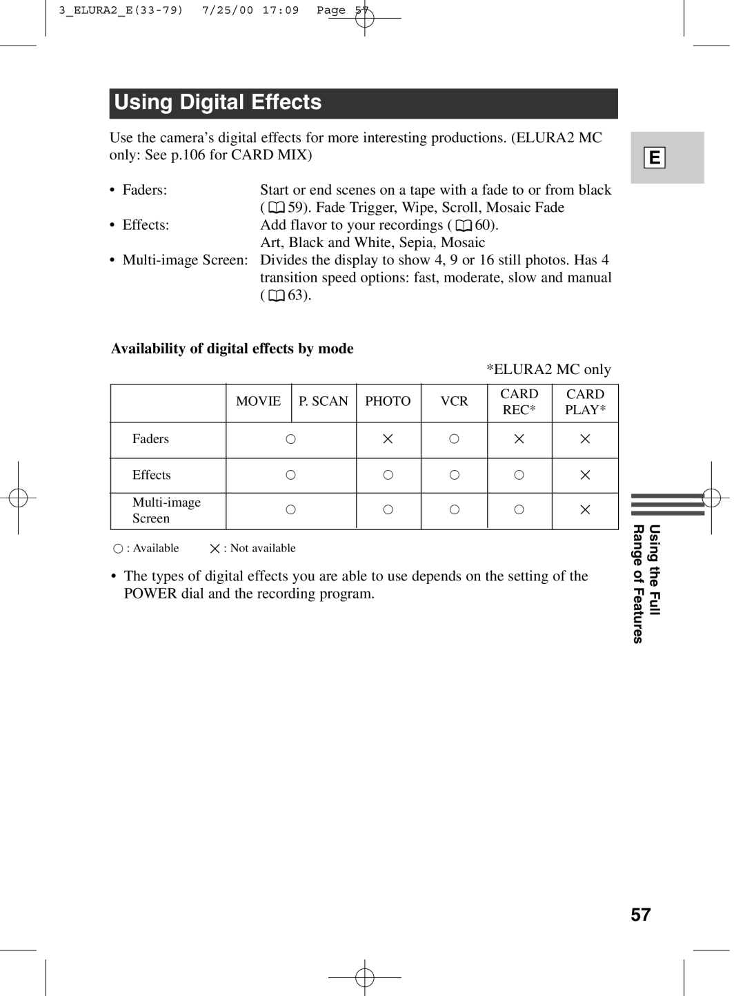 Canon 2 MC instruction manual Using Digital Effects, Availability of digital effects by mode 