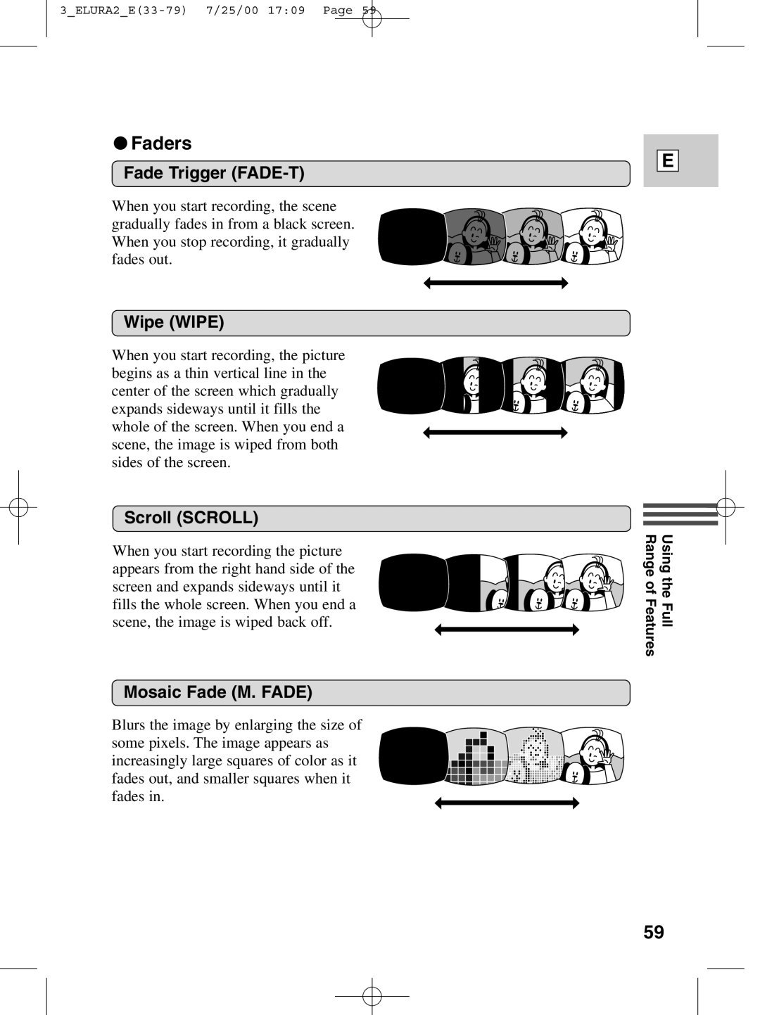 Canon 2 MC instruction manual Faders, Fade Trigger FADE-T, Wipe Wipe, Scroll Scroll, Mosaic Fade M. Fade 