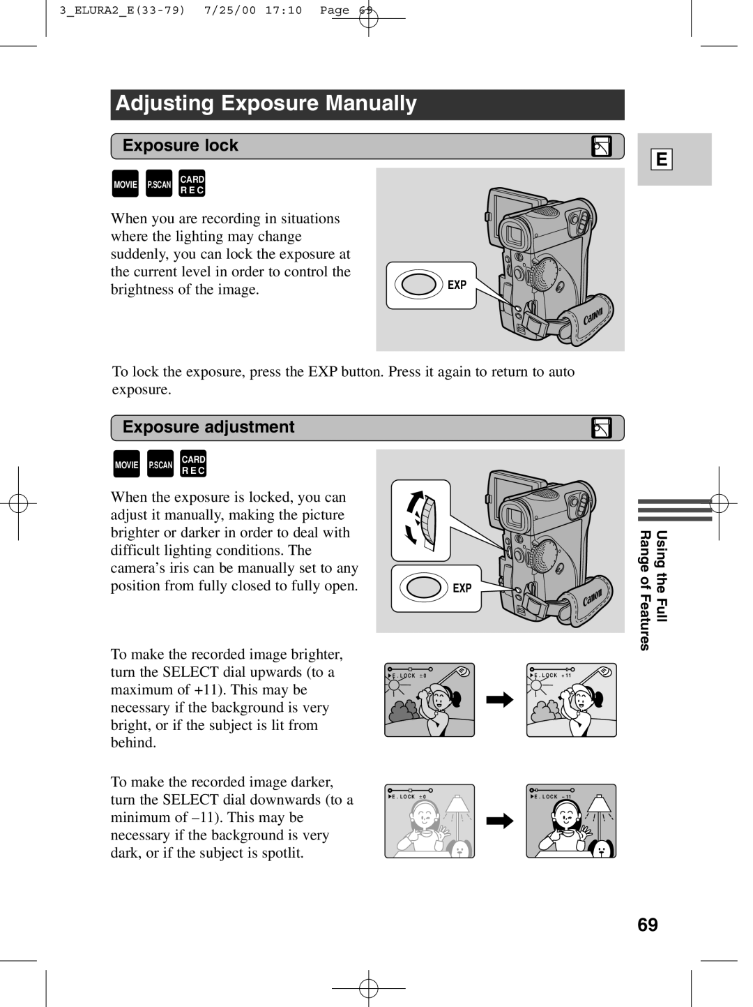 Canon 2 MC instruction manual Adjusting Exposure Manually, Exposure lock, Exposure adjustment 