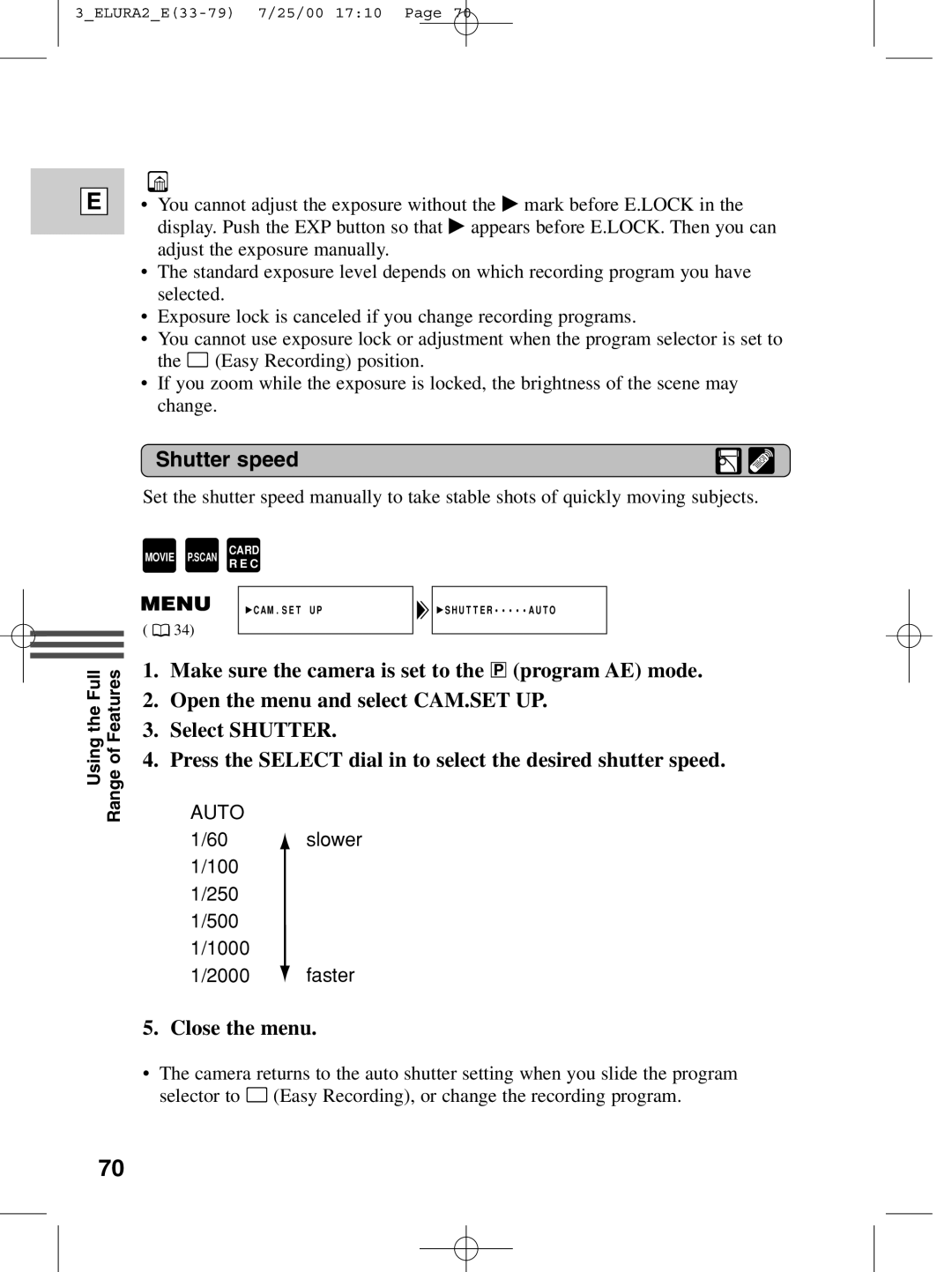 Canon 2 MC instruction manual Shutter speed, Close the menu 