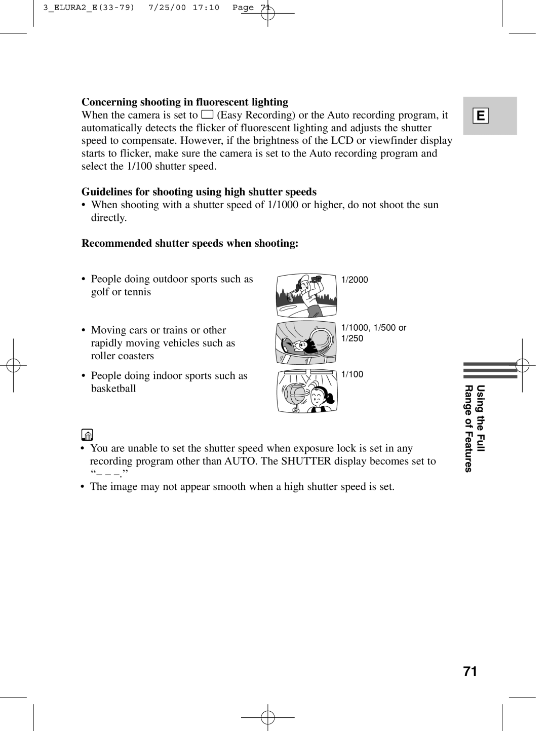 Canon 2 MC Concerning shooting in fluorescent lighting, Guidelines for shooting using high shutter speeds 