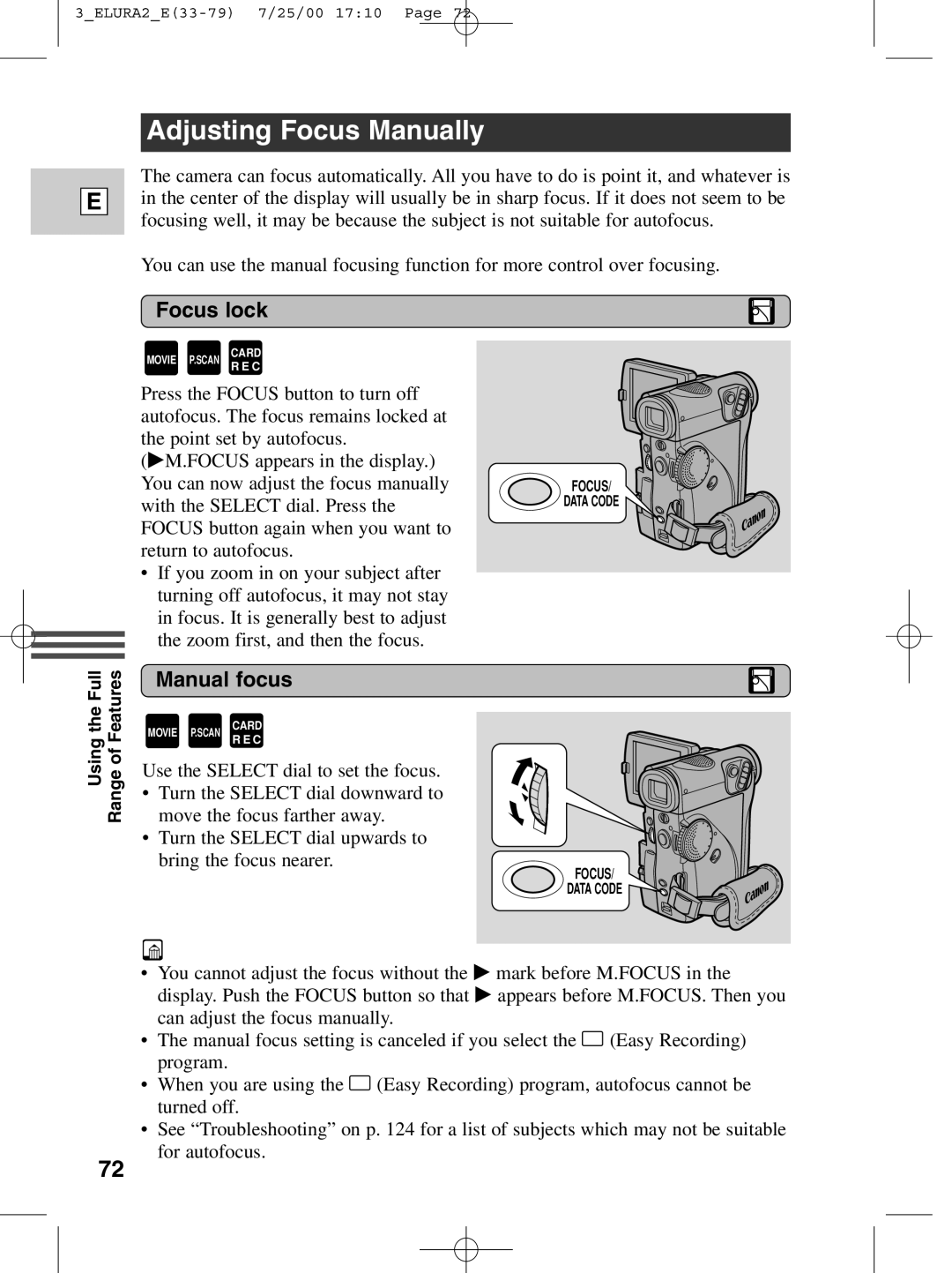 Canon 2 MC instruction manual Adjusting Focus Manually, Focus lock, Manual focus 