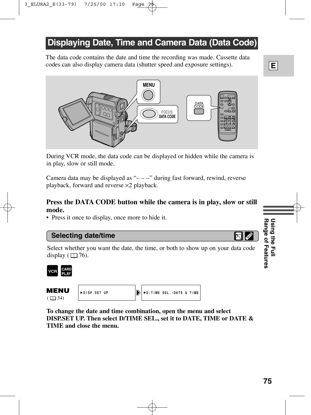 Canon 2 MC instruction manual Displaying Date, Time and Camera Data Data Code, Selecting date/time 