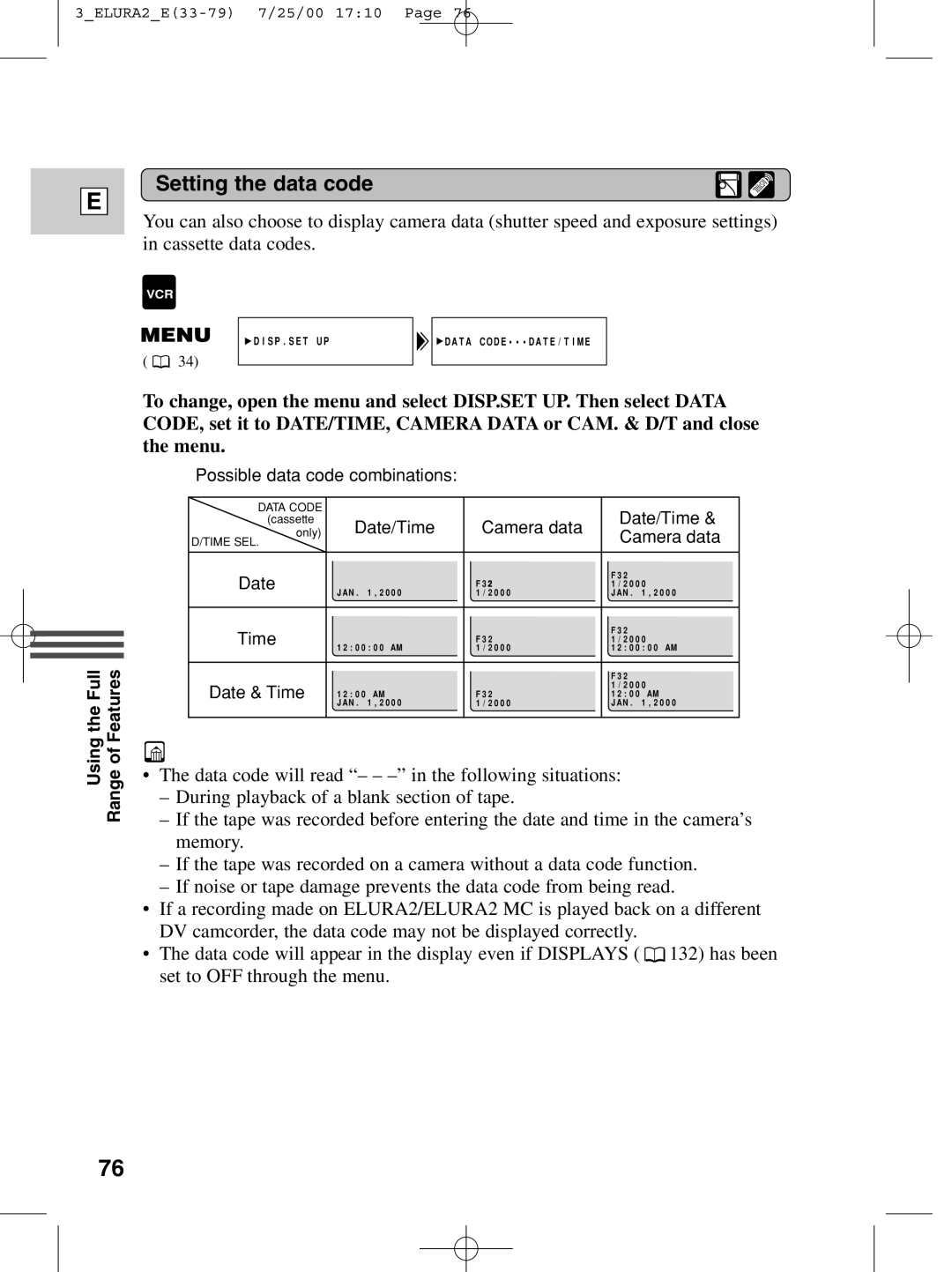 Canon 2 MC instruction manual Setting the data code, Date/Time Camera data 