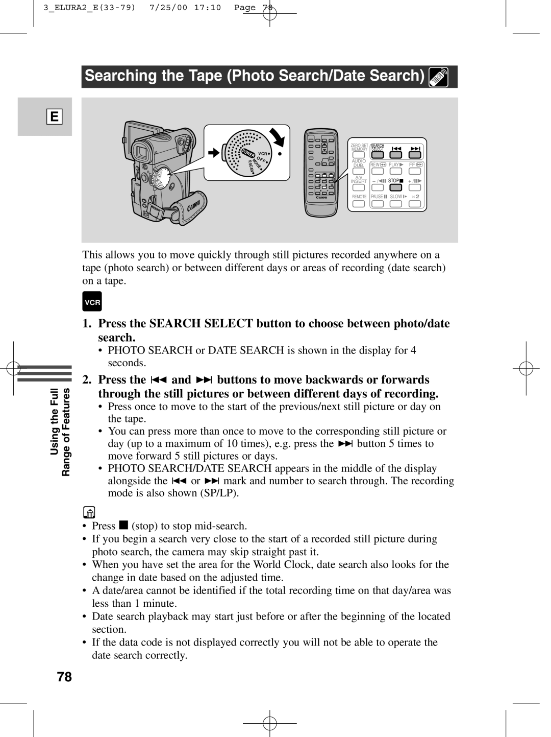 Canon 2 MC instruction manual Searching the Tape Photo Search/Date Search 