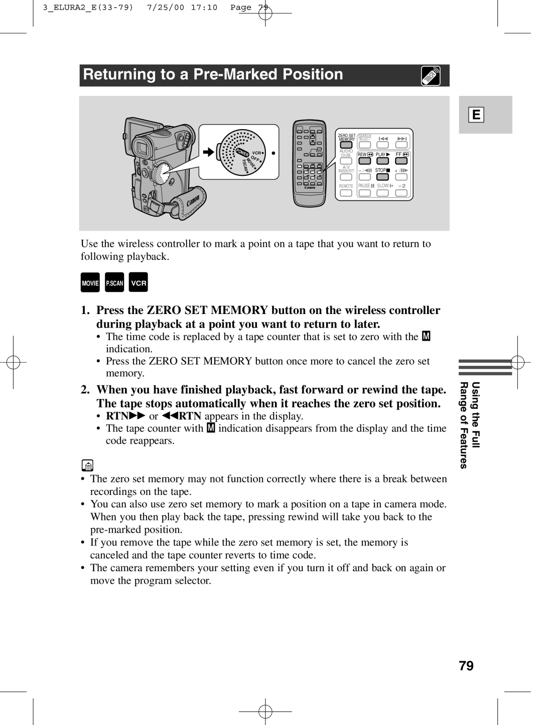 Canon 2 MC instruction manual Returning to a Pre-Marked Position 