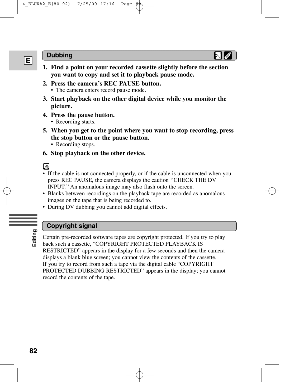 Canon 2 MC instruction manual Dubbing, Stop playback on the other device, Copyright signal 