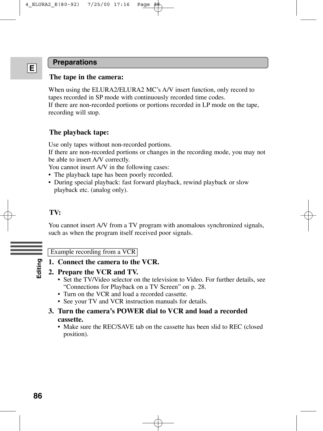 Canon 2 MC instruction manual Tape in the camera, Playback tape, Connect the camera to the VCR Prepare the VCR and TV 