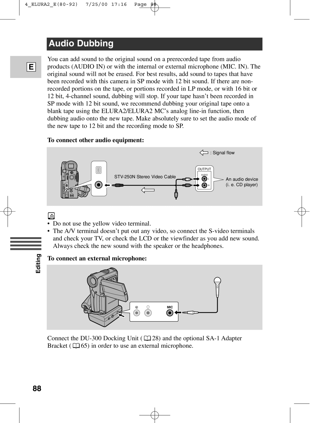 Canon 2 MC instruction manual Audio Dubbing, To connect other audio equipment, To connect an external microphone 