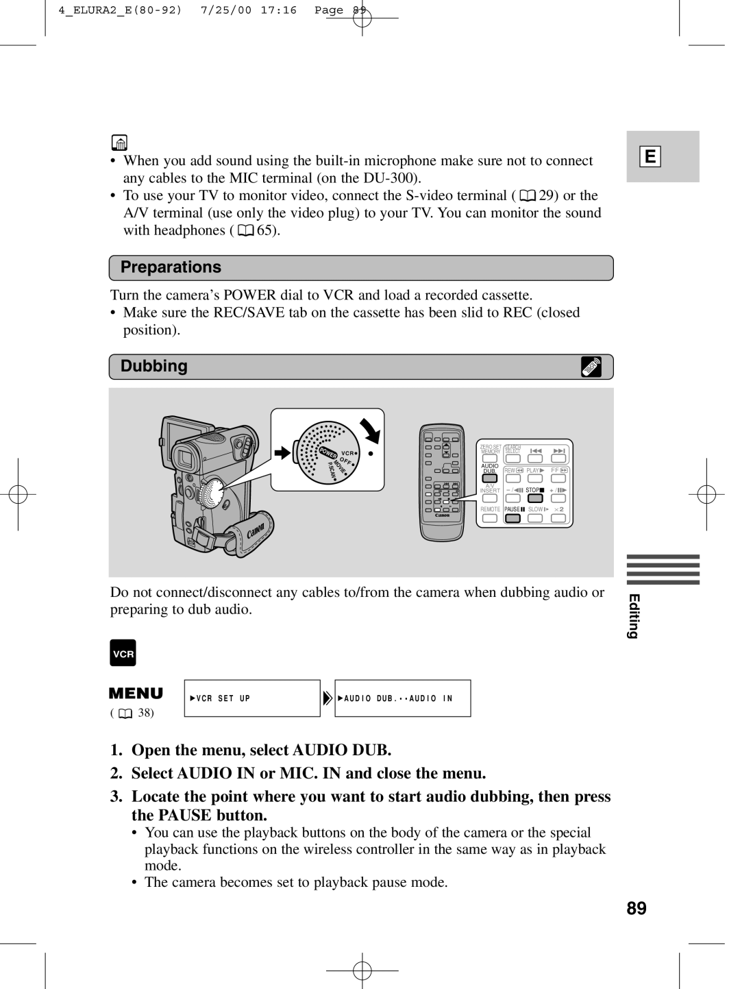 Canon 2 MC instruction manual VCR SET UP Audio DUB.AUDIO 