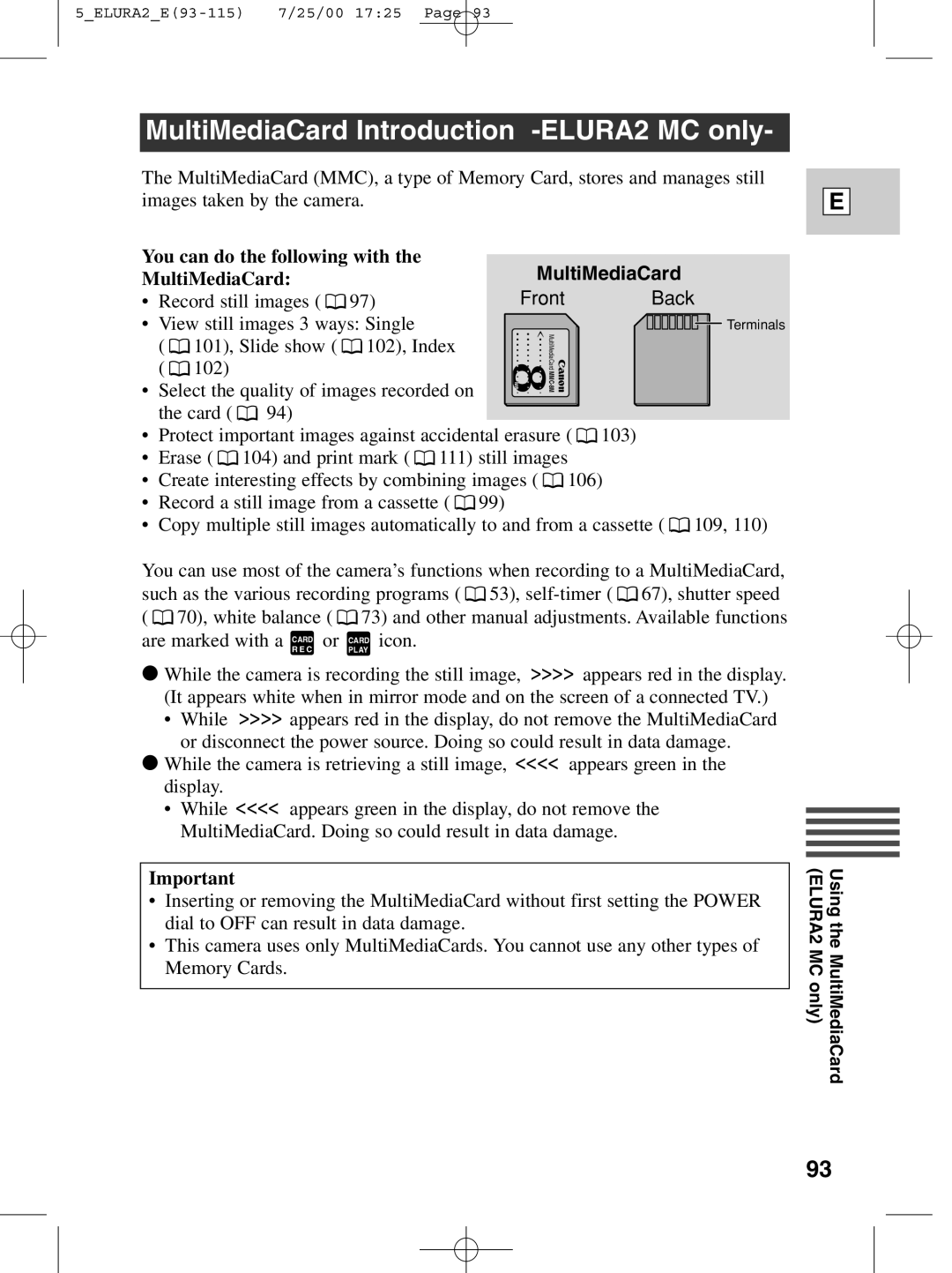 Canon instruction manual MultiMediaCard Introduction -ELURA2 MC only, You can do the following with 