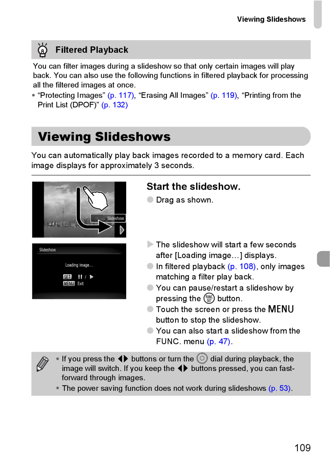 Canon 200 IS manual Viewing Slideshows, Start the slideshow, Filtered Playback 