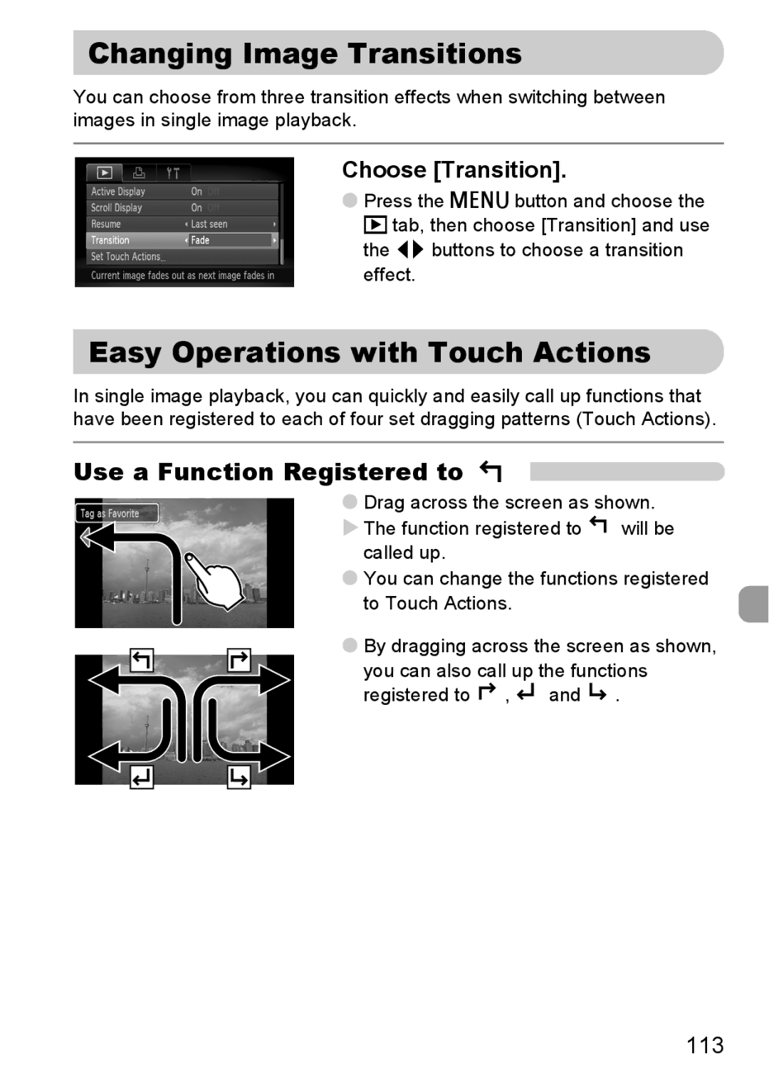 Canon 200 IS manual Changing Image Transitions, Easy Operations with Touch Actions, Use a Function Registered to 