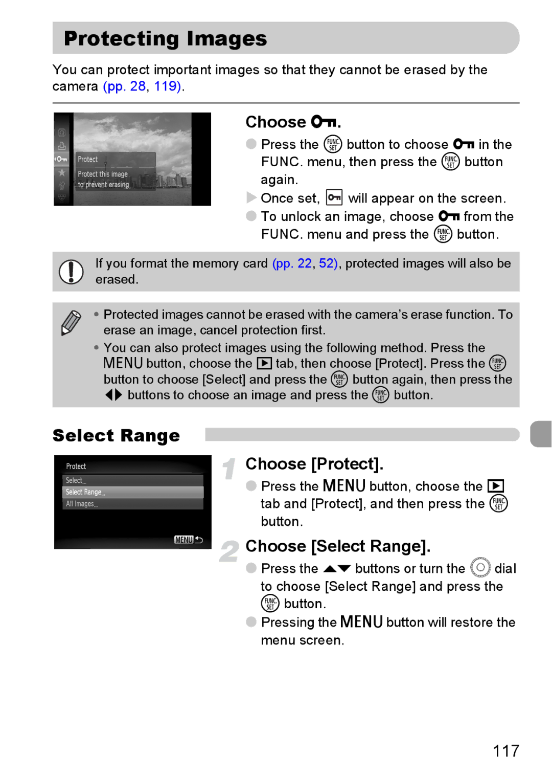 Canon 200 IS manual Protecting Images, Choose Protect, Choose Select Range 