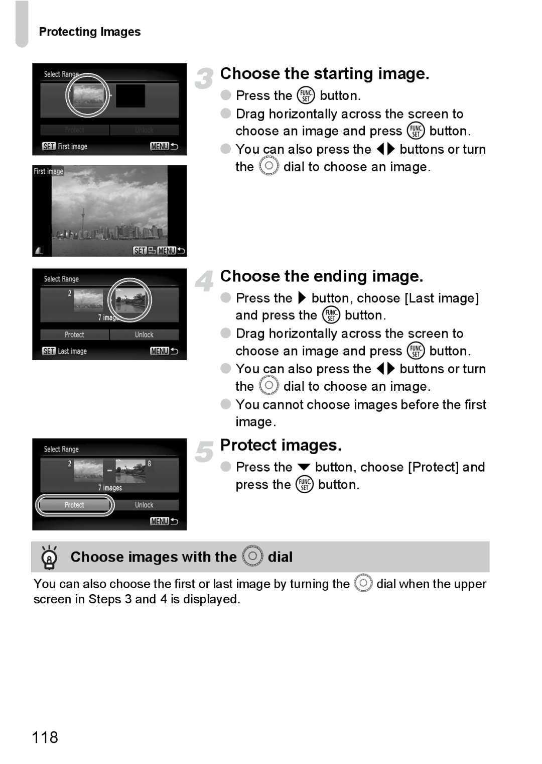 Canon 200 IS manual Choose the starting image, Choose the ending image, Protect images, Choose images with the Â dial 