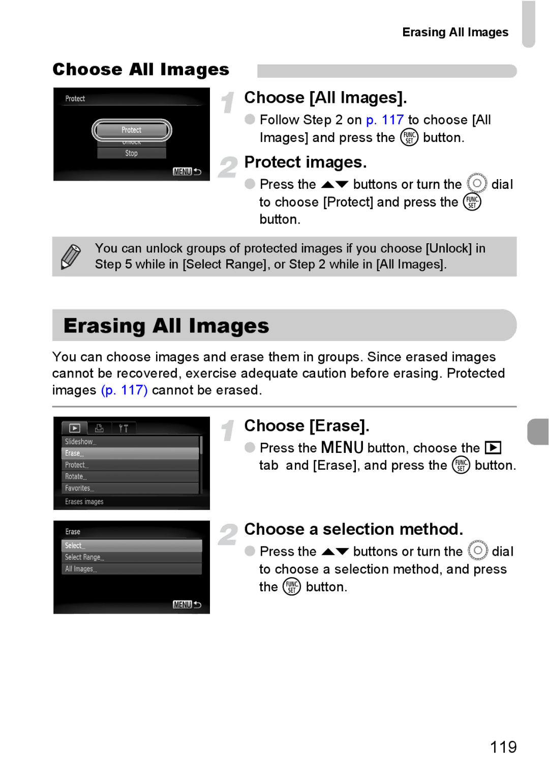 Canon 200 IS manual Erasing All Images, Choose All Images, Choose Erase, Choose a selection method 