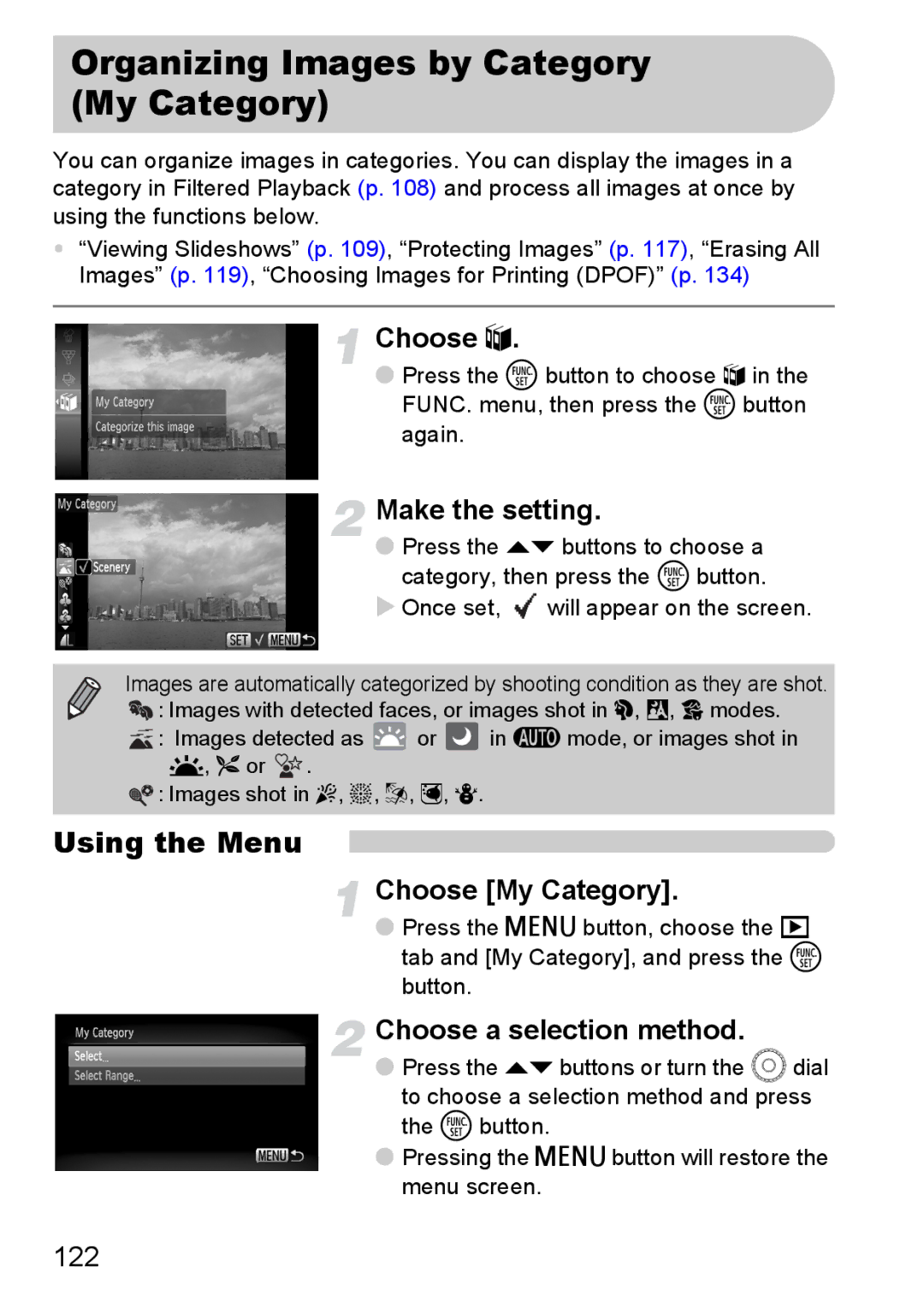 Canon 200 IS manual Organizing Images by Category My Category, Using the Menu, Choose My Category 