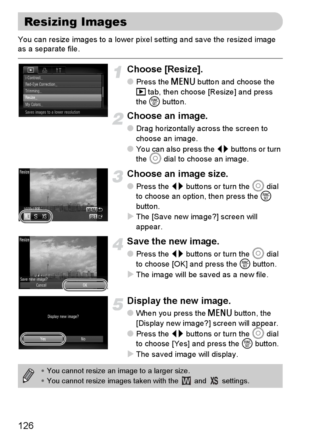 Canon 200 IS manual Resizing Images, Choose Resize, Choose an image size, Save the new image, Display the new image 