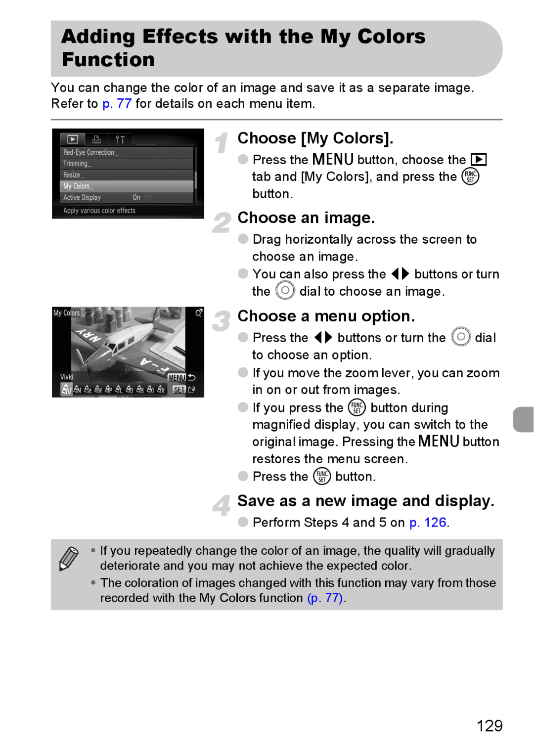 Canon 200 IS manual Adding Effects with the My Colors Function, Choose a menu option 