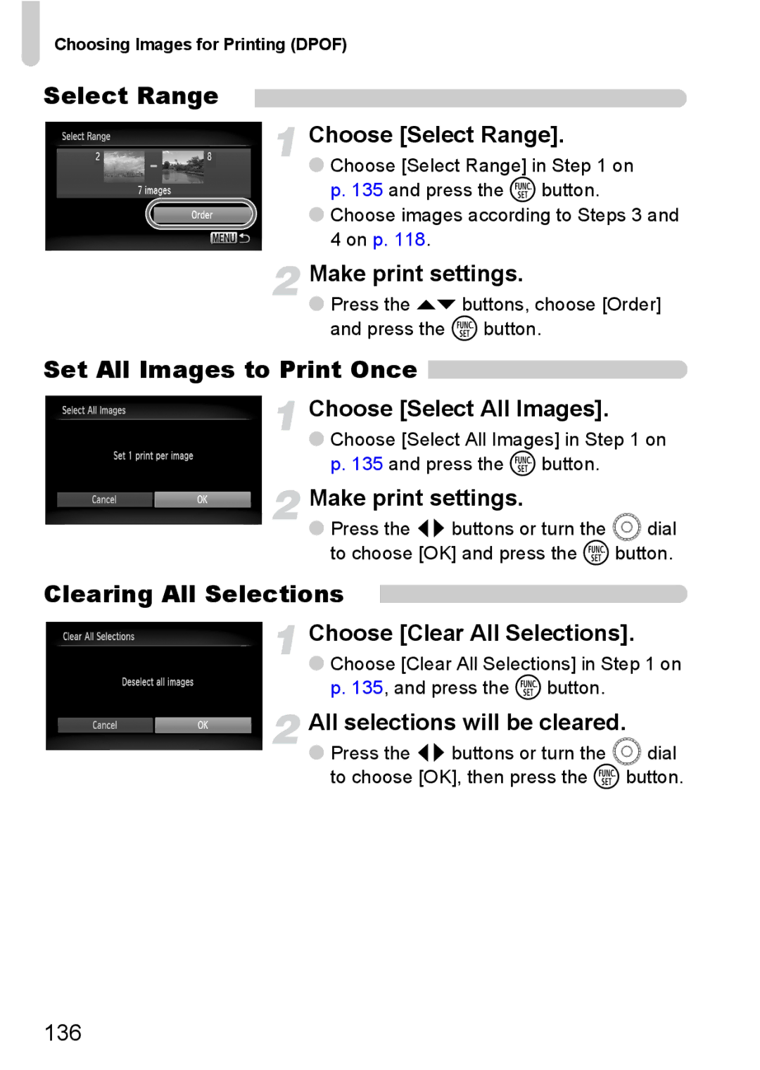 Canon 200 IS manual Set All Images to Print Once, Clearing All Selections 