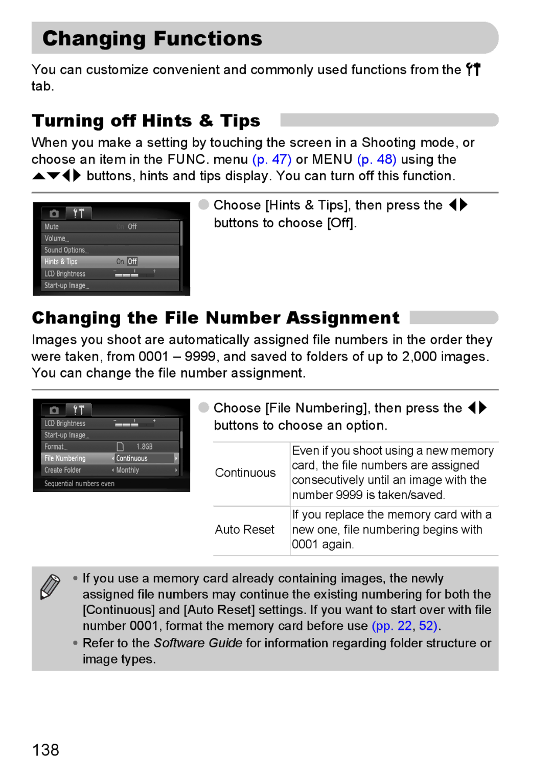 Canon 200 IS manual Changing Functions, Turning off Hints & Tips, Changing the File Number Assignment 