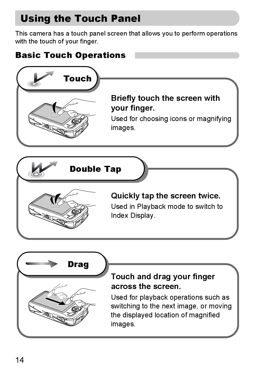Canon 200 IS manual Using the Touch Panel, Basic Touch Operations, Double Tap, Drag 
