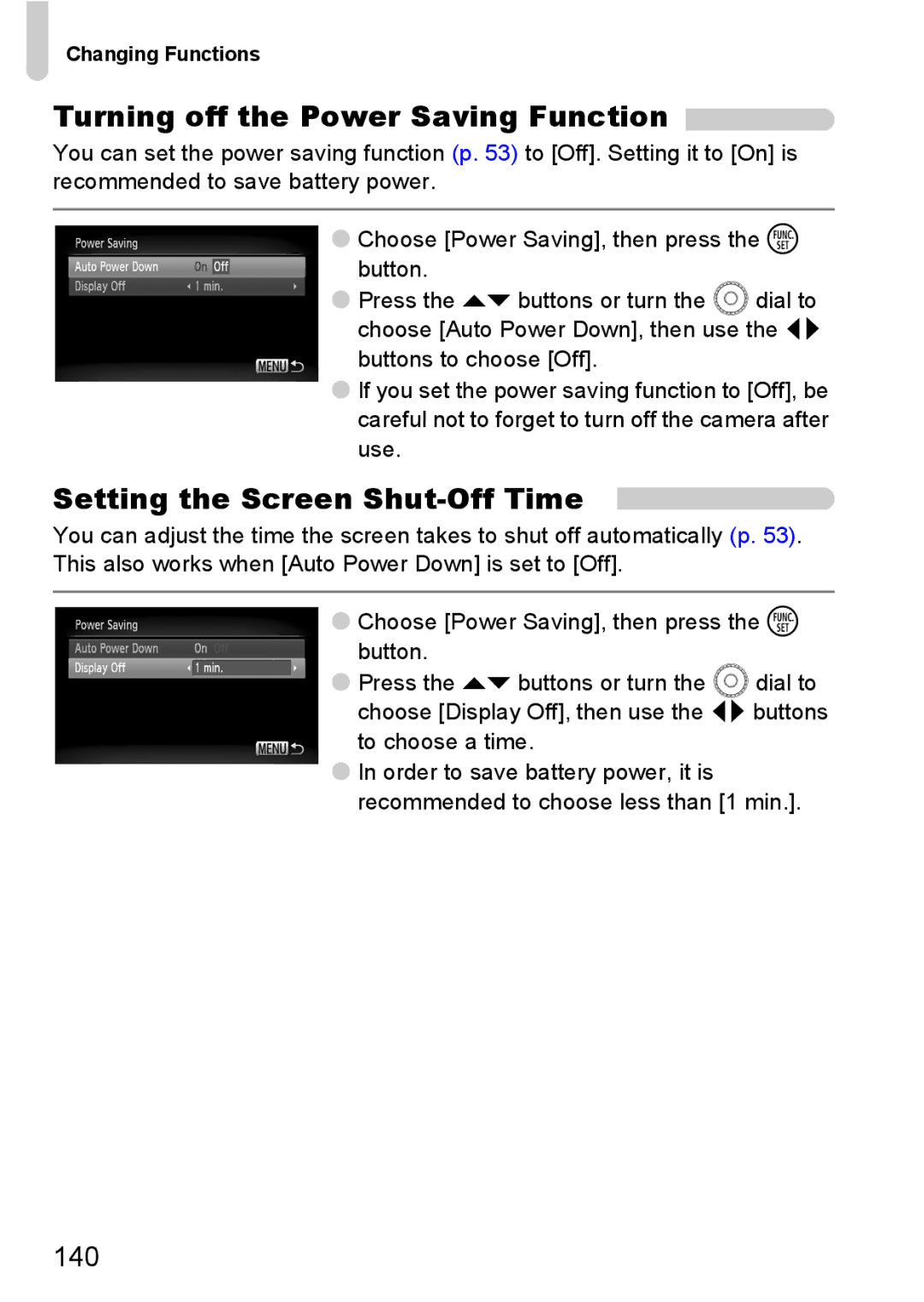 Canon 200 IS manual Turning off the Power Saving Function, Setting the Screen Shut-Off Time 