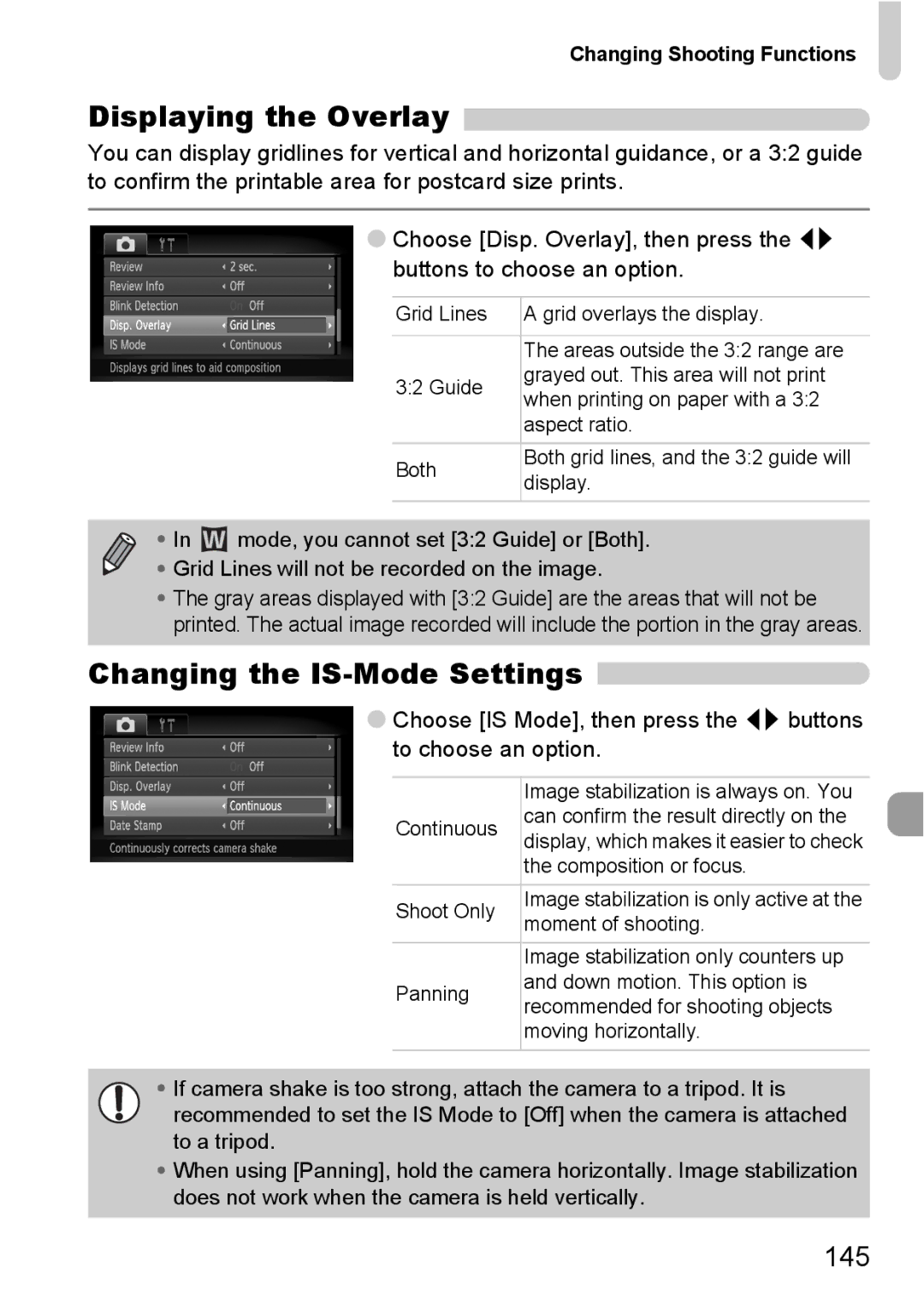 Canon 200 IS manual Displaying the Overlay, Changing the IS-Mode Settings 