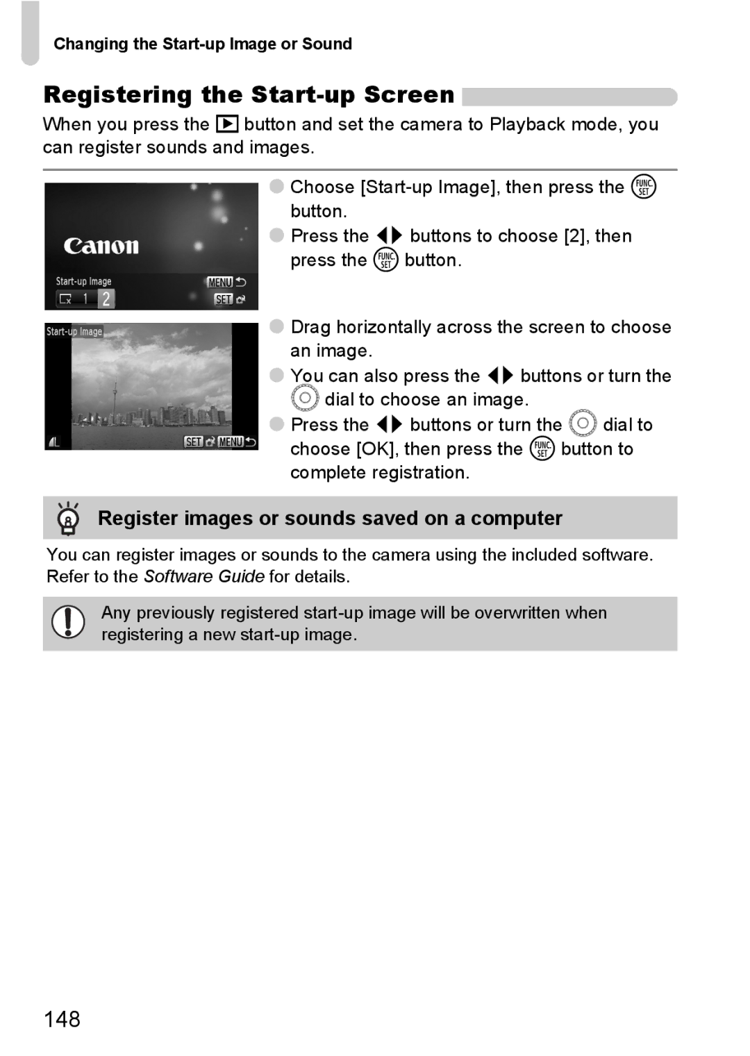 Canon 200 IS manual Registering the Start-up Screen, Register images or sounds saved on a computer 