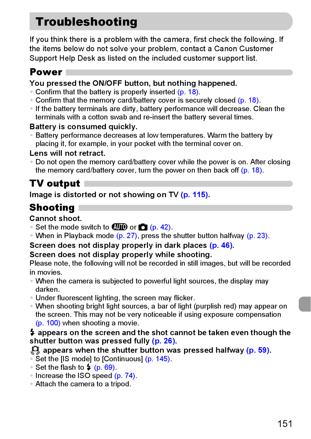 Canon 200 IS manual Troubleshooting, Power, TV output, Shooting 