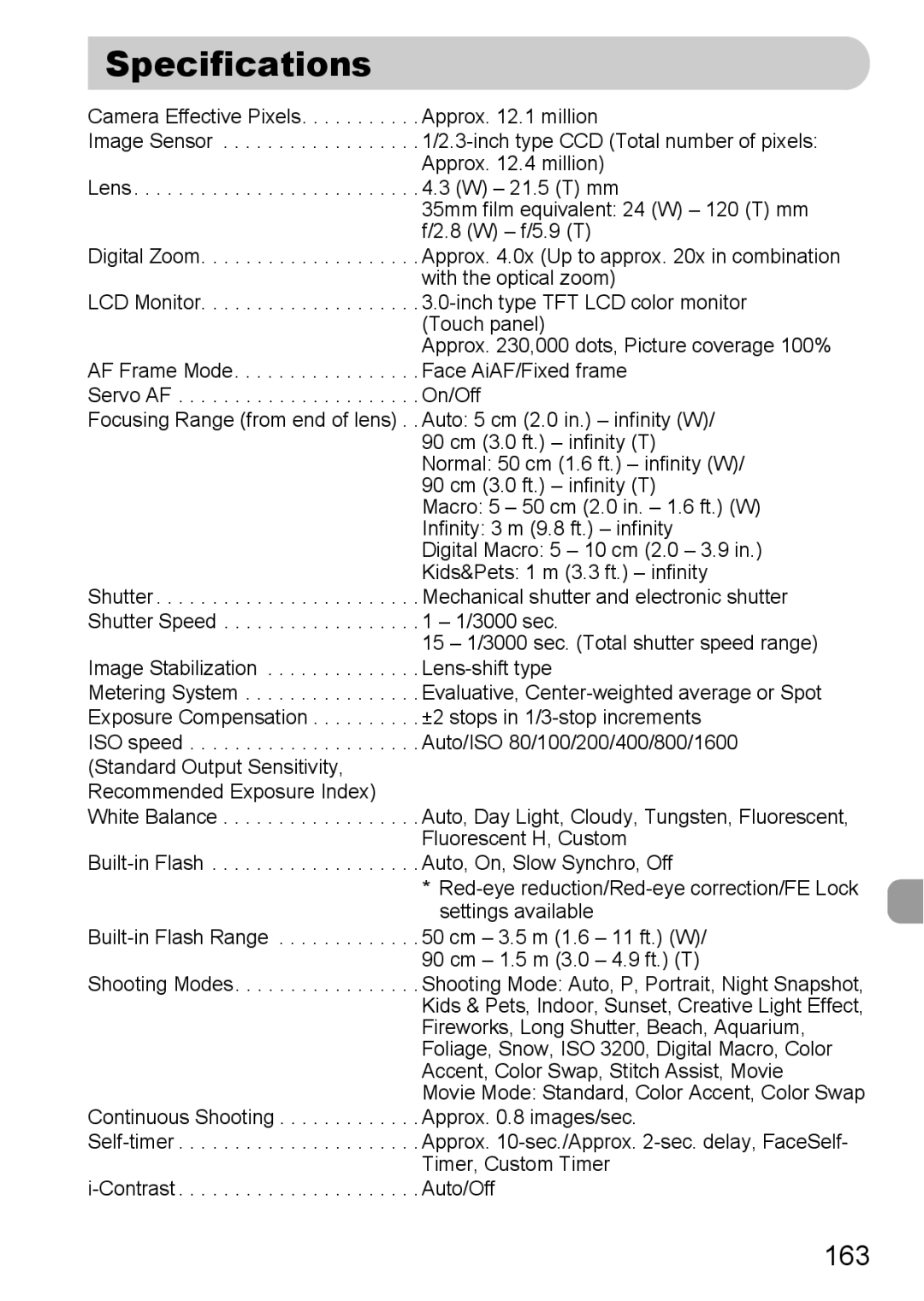 Canon 200 IS manual Specifications, 163 