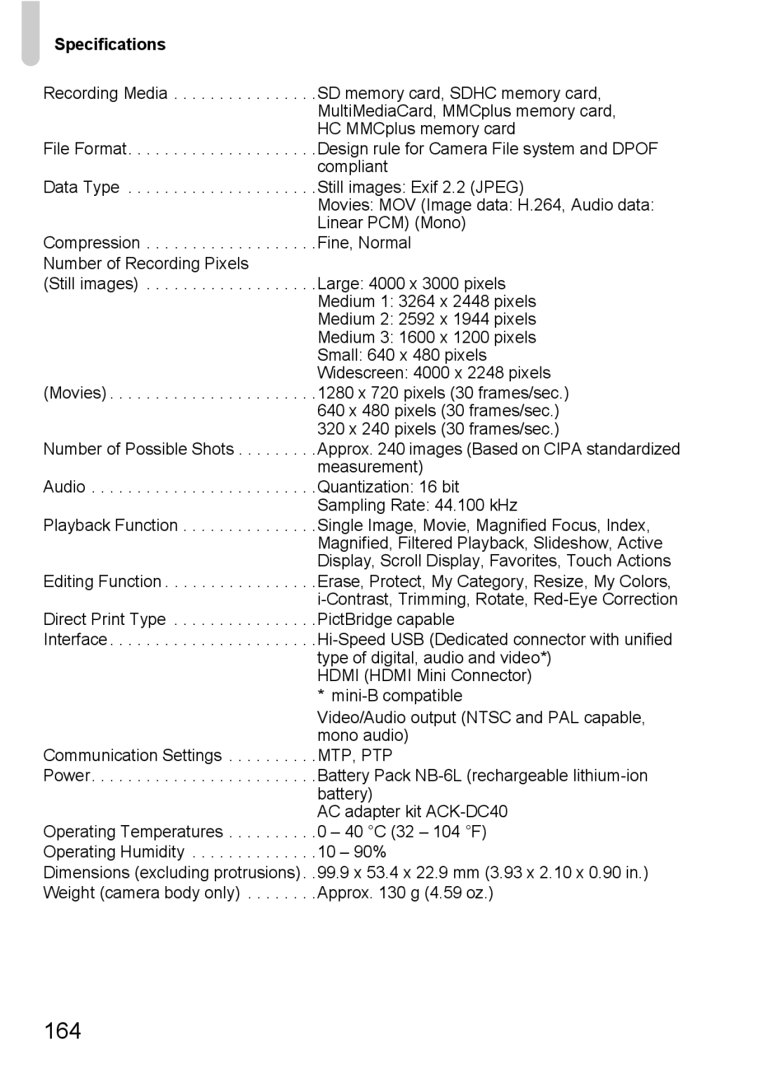 Canon 200 IS manual 164, Specifications 