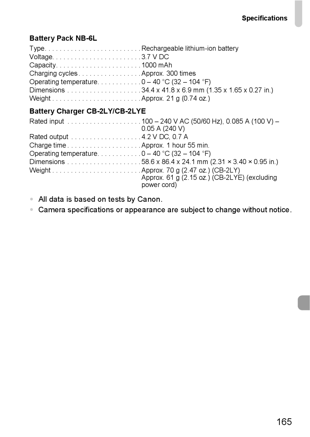 Canon 200 IS manual Specifications Battery Pack NB-6L, Rated input 240 V AC 50/60 Hz, 0.085 a 100 V 0.05 a 240 