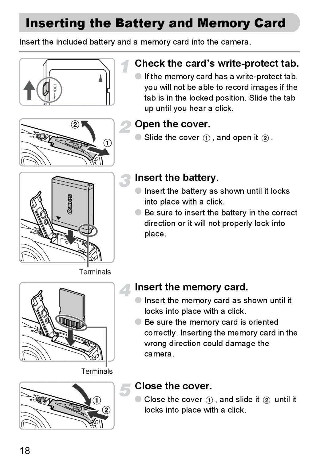 Canon 200 IS Inserting the Battery and Memory Card, Check the card’s write-protect tab, Open the cover, Close the cover 