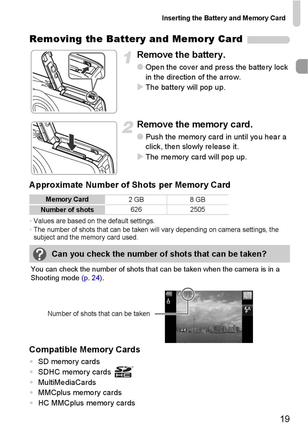 Canon 200 IS Removing the Battery and Memory Card, Remove the memory card, Approximate Number of Shots per Memory Card 