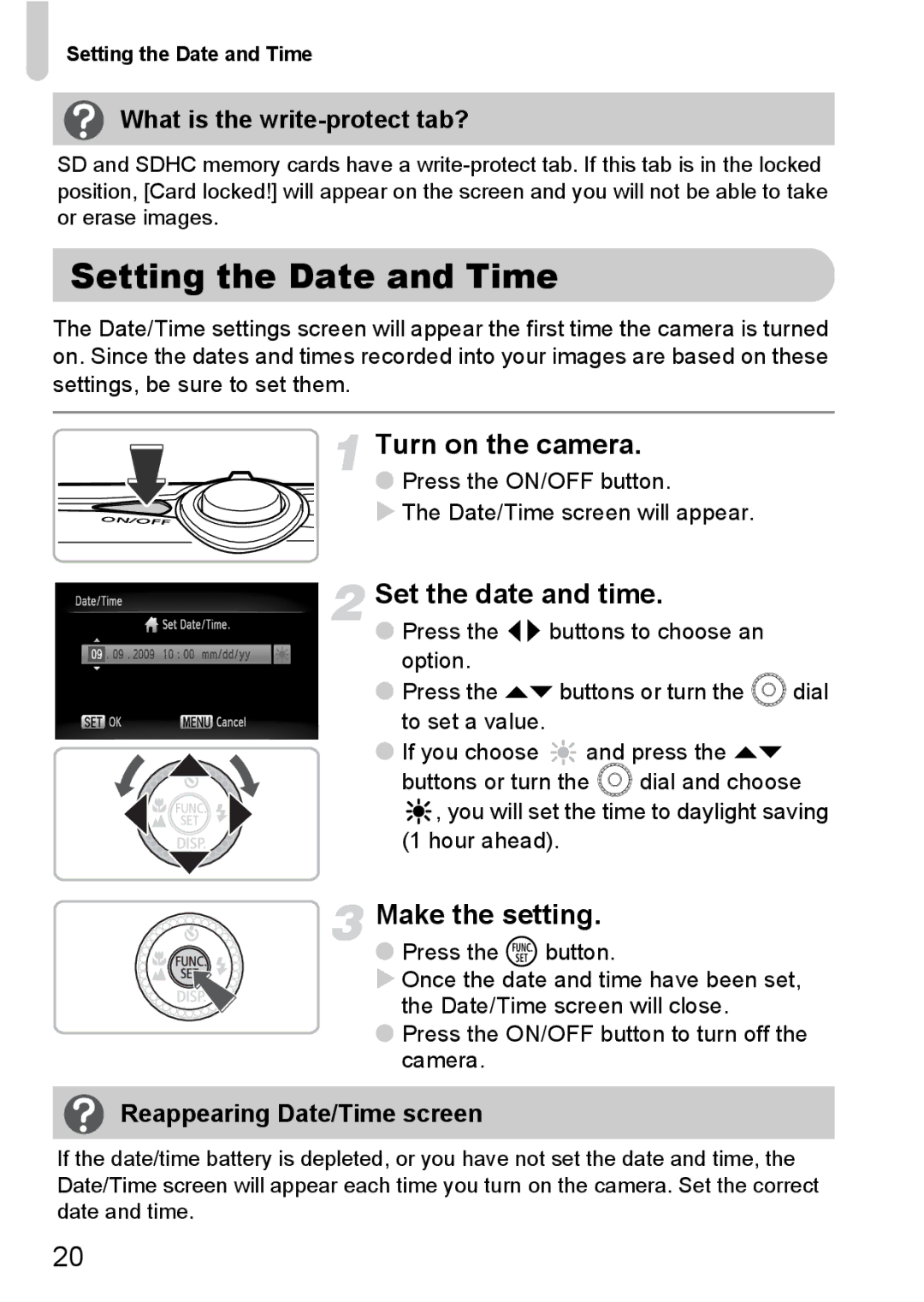 Canon 200 IS manual Setting the Date and Time, Turn on the camera, Set the date and time, Make the setting 