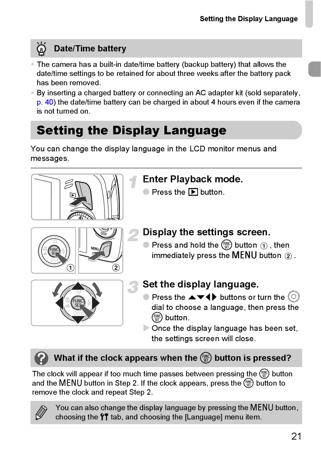 Canon 200 IS Setting the Display Language, Enter Playback mode, Display the settings screen, Set the display language 